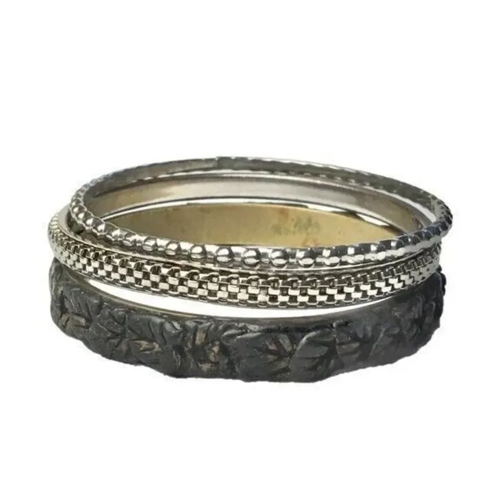 Lot of Bracelets Three Metal Bangle Stack Multicolor Antiqued Brass Silver Tone